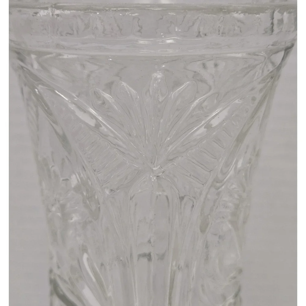 Vtg Clear Pressed Glass Pedestal Vase, Scalloped Fan Diamond Rim Footed Trumpet